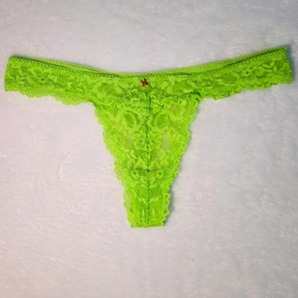 Savage X Fenty Neon Lime Green Floral Lace Thong Panty with Logo Charm